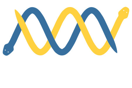 A logo of two blue and yellow snakes wrapped around each other to look like a helix