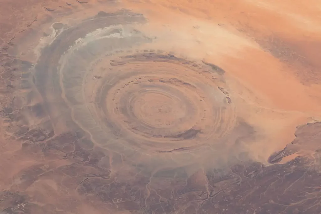 The "Eye of the Sahara" in the African nation of Mauritania is pictured from the International Space Station as it orbited 259 miles above.